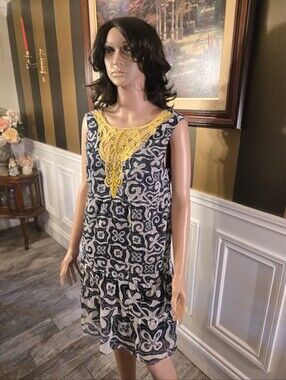 Desigual Navy and Yellow Maxi Dress with Lace Yoke